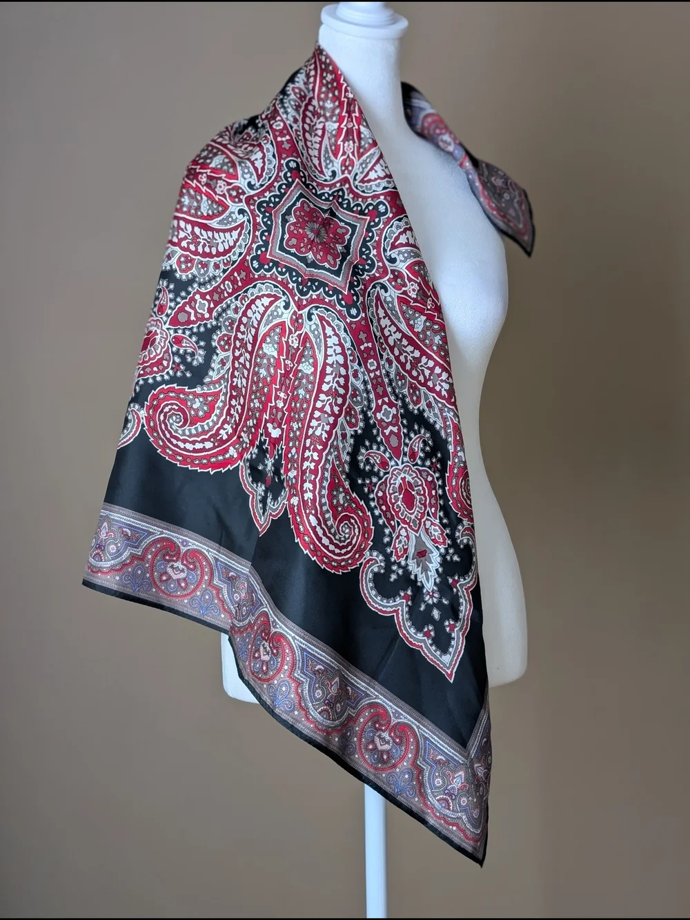 Van Horn Silk Scarf 31x30 Black Red Beige Floral